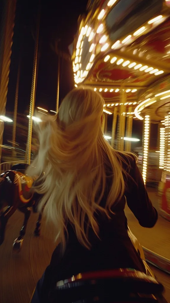 A young woman with long blonde hair rides a carousel horse. The carousel is brightly lit with many lights, and the motion of the ride creates a blurry effect. The woman is looking ahead, her hair flowing in the wind. The image captures the joy and excitement of a carnival or amusement park.