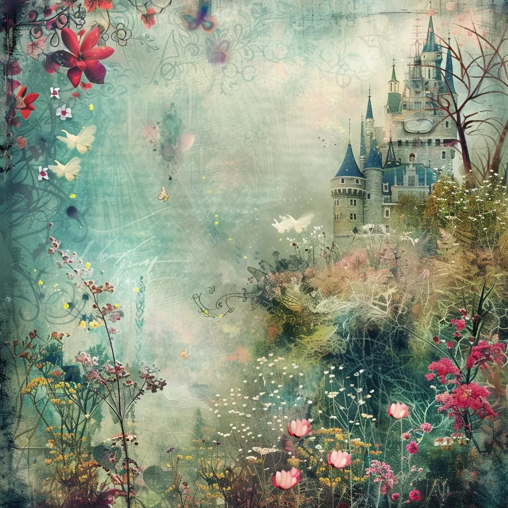 The image depicts a fairytale-like scene with a grand castle nestled amidst a lush, blooming meadow. The castle is a majestic structure with intricate towers and turrets, its white walls reflecting the soft light of a distant sun. The meadow is alive with vibrant wildflowers in various shades of pink, red, and white, creating a tapestry of color against the backdrop of the ethereal castle. The entire scene is painted in a soft, dreamy palette, evoking a sense of enchantment and wonder. The image is likely a digital illustration or a painting, as it has a stylized and slightly blurred quality.