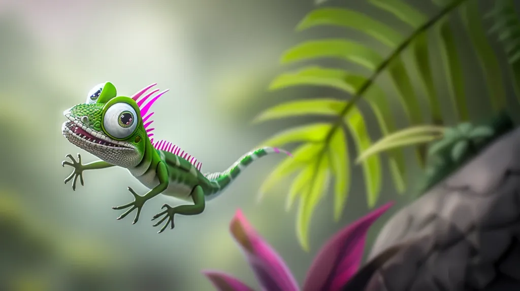 A cartoon lizard with bright green skin and large, googly eyes leaps through the air. Its pink spikes and tail add a touch of whimsy to the image. The lizard is silhouetted against a blurry background of lush green foliage, creating a sense of depth and movement.