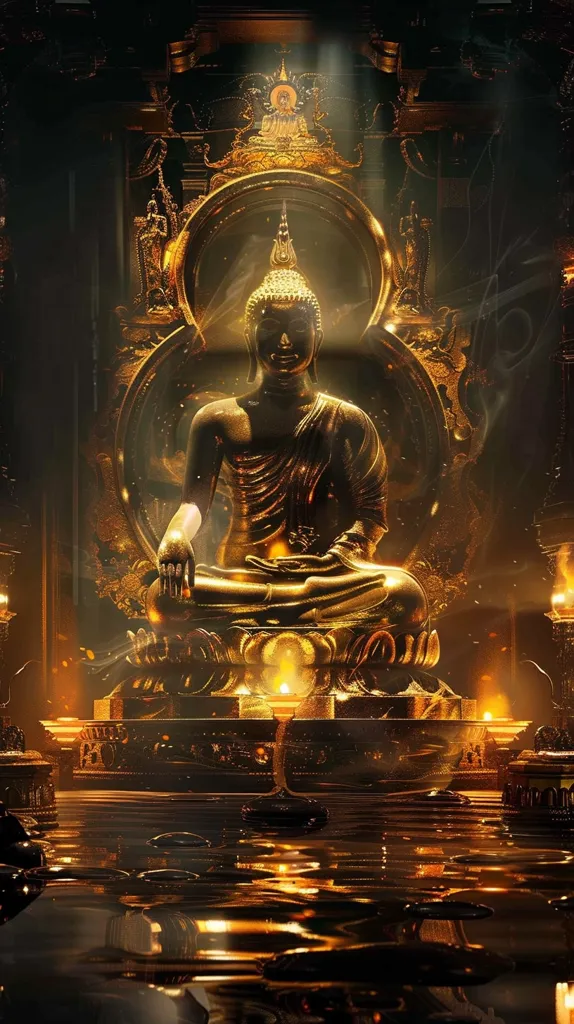 A golden Buddha statue sits in a meditative pose on an ornate throne, surrounded by intricate carvings and a golden halo. The statue is bathed in warm light, and the room is filled with a mystical atmosphere. The reflection of the statue in the pool of water in front of it adds to the sense of tranquility. The image evokes a sense of peace and spiritual enlightenment.