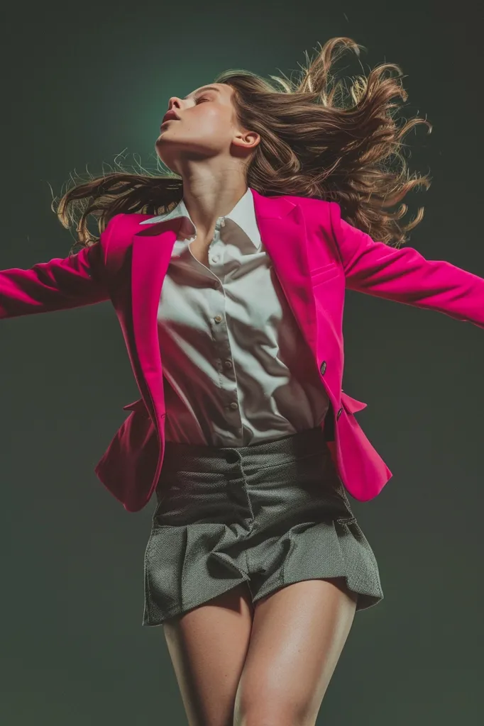 A young woman with long brown hair is wearing a bright pink blazer, a white button-down shirt, and a grey skirt. She is looking up and her hair is flowing behind her. She appears to be in mid-air, as if she is jumping or dancing. The background is a dark green.  The image is set against a dark, moody backdrop, creating a sense of mystery and intrigue.