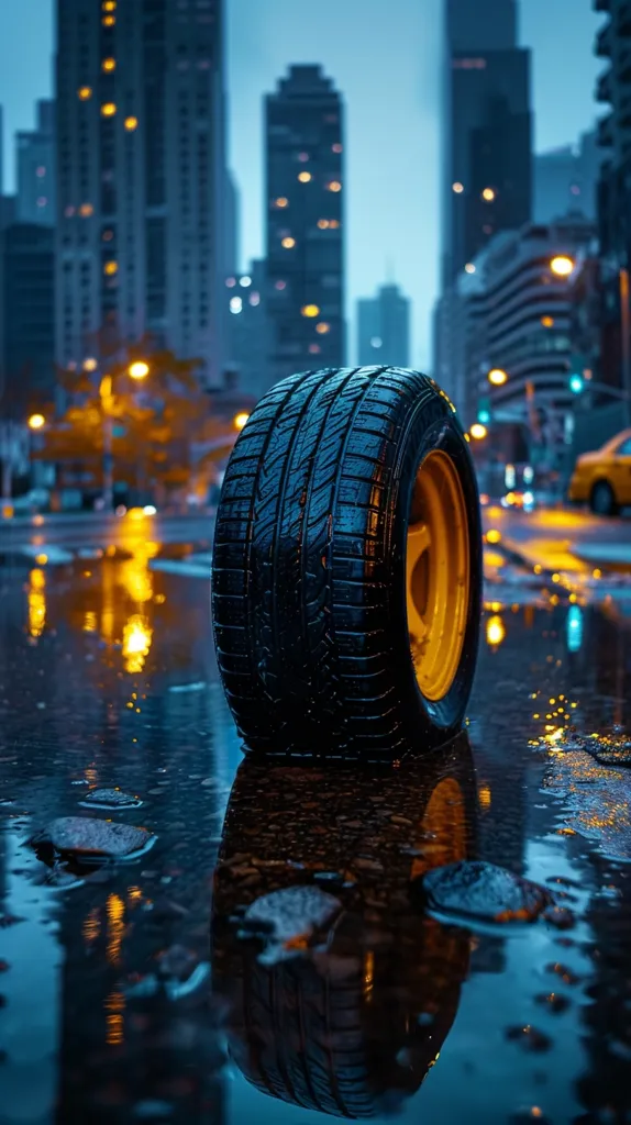 A lone tire sits in a puddle reflecting the city lights. The tire is black with a yellow rim, and it's a  sharp contrast to the blue and orange hues of the city lights and wet pavement. The buildings in the background are blurred out, creating a sense of urban isolation.