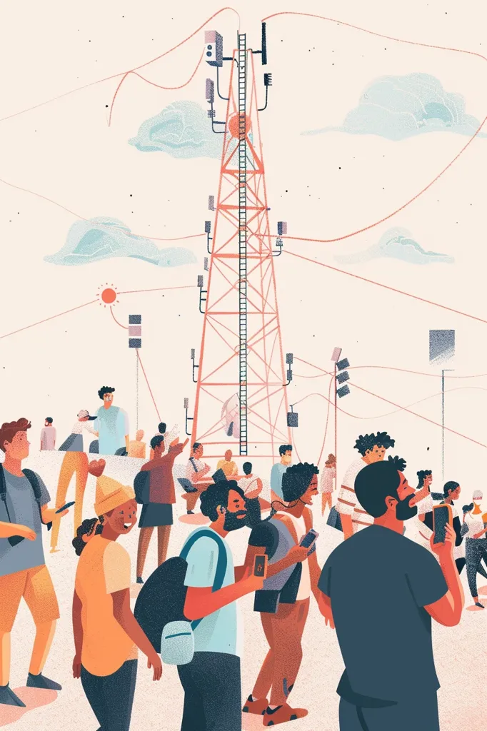 The image depicts a tall red cell tower with multiple antennas against a pale pink sky. A group of people stand on the ground, surrounded by a web of red lines, their heads tilted up towards the tower. Some people hold smartphones and look at their screens. The scene suggests a dependence on the technology that the tower provides, symbolizing the role of communication in our modern world.