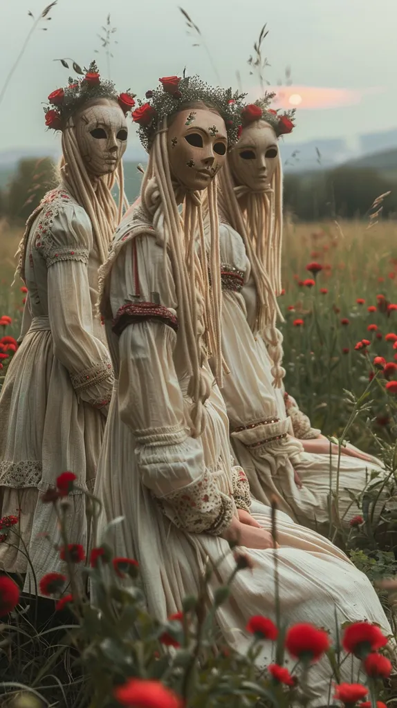 Three women in white dresses adorned with red flowers, stand in a field of red wildflowers. They wear intricate masks and their long, blonde hair flows down their backs.  A soft golden light fills the background, creating an ethereal and mystical atmosphere. The scene is reminiscent of a fairytale or a dream, inviting the viewer to imagine the story unfolding before them.