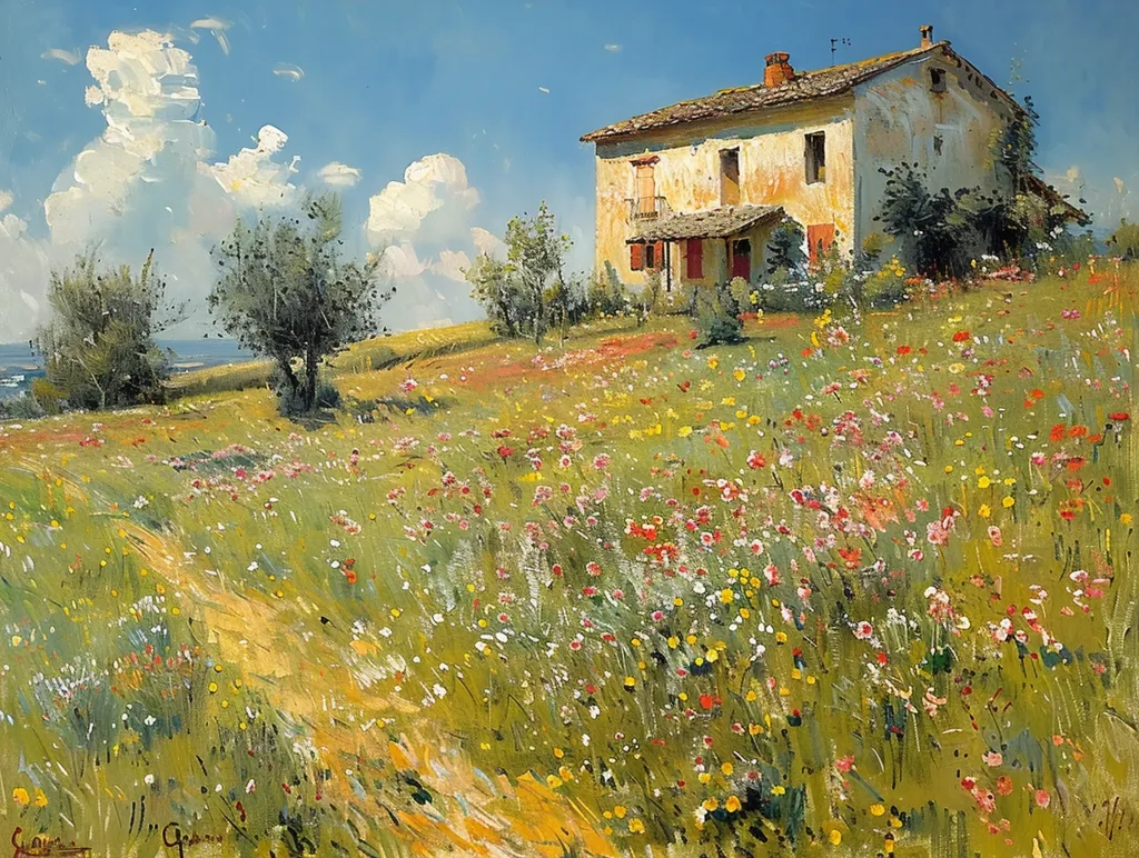 The painting depicts a quaint countryside scene. A charming house sits atop a hill, surrounded by a vibrant field bursting with wildflowers in various hues of pink, yellow, and white. The sky is a clear blue dotted with fluffy white clouds, and a meandering path leads through the field, inviting the viewer to explore. The scene evokes a sense of tranquility and serenity, capturing the beauty of a sunny day in the countryside.