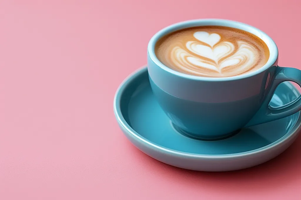 A blue ceramic coffee cup with a heart-shaped design in the latte art sits on a matching saucer on a pink surface. The cup is full of coffee and the latte art is a single heart with a leaf pattern. The image is taken from a slightly angled perspective, showing the cup and saucer in focus. The pink background is out of focus.
