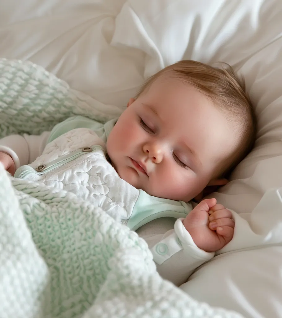 A baby sleeps soundly in a white crib with a soft, mint green blanket. The baby is wearing a white and green onesie and has a peaceful expression on their face. The crib is surrounded by white pillows, creating a calming and cozy environment.