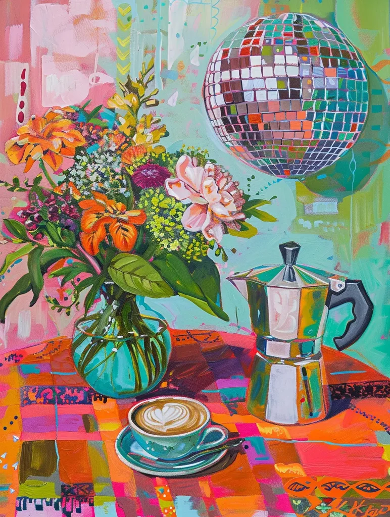 A vibrant still life painting features a colorful bouquet of flowers in a turquoise vase, a gleaming silver coffee pot, and a cup of latte art on a checkered table cloth. A disco ball hangs above, casting a whimsical glow on the scene. Bold, saturated hues create a dynamic and cheerful composition.