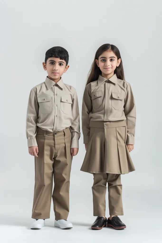 Two children are standing side-by-side, dressed in matching beige uniforms. The boy is wearing a long-sleeved shirt, pants, and white shoes. The girl is wearing a long-sleeved shirt, a skirt, pants, and black shoes.  They both look at the camera.  They are standing in front of a plain white background.