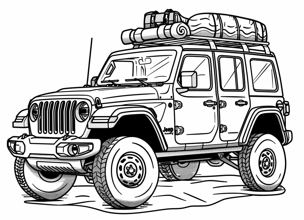 A black and white line drawing of a Jeep Wrangler. It has a roof rack with sleeping bags and other camping gear on top. It is a four-door vehicle with large tires and a spare tire on the back. The Jeep has a detailed front grille and headlights.  The drawing is stylized and has a vintage feel.