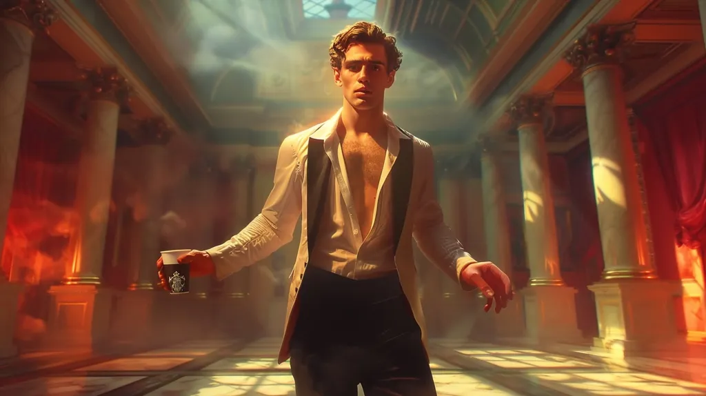 A young man in a white shirt and suit jacket walks through a grand, sunlit hall with columns. The hall is decorated with red drapes and a soft, golden light streams in from above. He holds a coffee cup in his hand as he walks, his face serious and determined. The overall mood is one of mystery and intrigue.