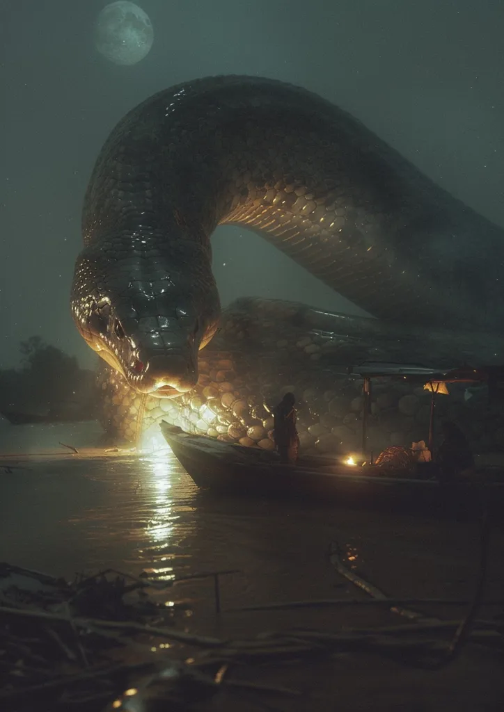 A massive, serpentine creature, its scales glistening under the moonlight, looms over a small boat in the water. The boat, illuminated by a warm glow, carries a figure who seems dwarfed by the imposing presence of the beast. The scene is a breathtaking, albeit unsettling, depiction of the raw power of nature and the fragility of human existence in its shadow.
