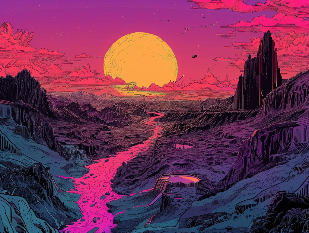 A vibrant, otherworldly landscape with a large, yellow sun in the distance. A winding, pink river snakes through a canyon, surrounded by dark, jagged cliffs. The sky is a gradient of pink and purple, with a few stars scattered across the canvas. The scene evokes a sense of mystery and adventure.