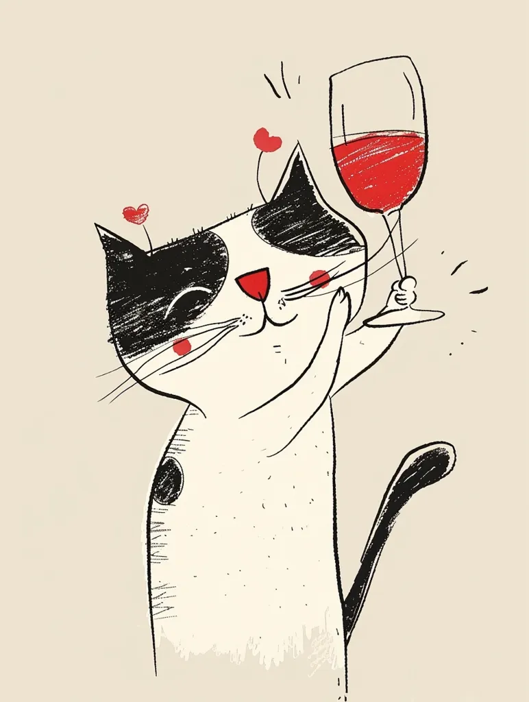 A black and white cat with red hearts on its head is holding a glass of red wine. The cat is smiling and has its eyes closed. The image is drawn in a simple, cartoon style. The background is a light beige color. The cat is enjoying a glass of wine, and the image suggests a feeling of fun and relaxation.