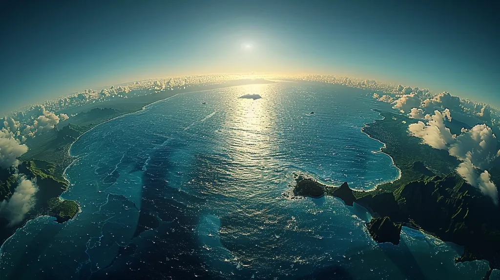 The image depicts a wide expanse of blue ocean with a small island in the center. The sun is shining brightly, reflecting off the water. There are clouds in the sky and green mountains on the edges of the ocean. The photo seems to have been taken from high above, giving a sweeping view of the landscape. The image is serene and tranquil.