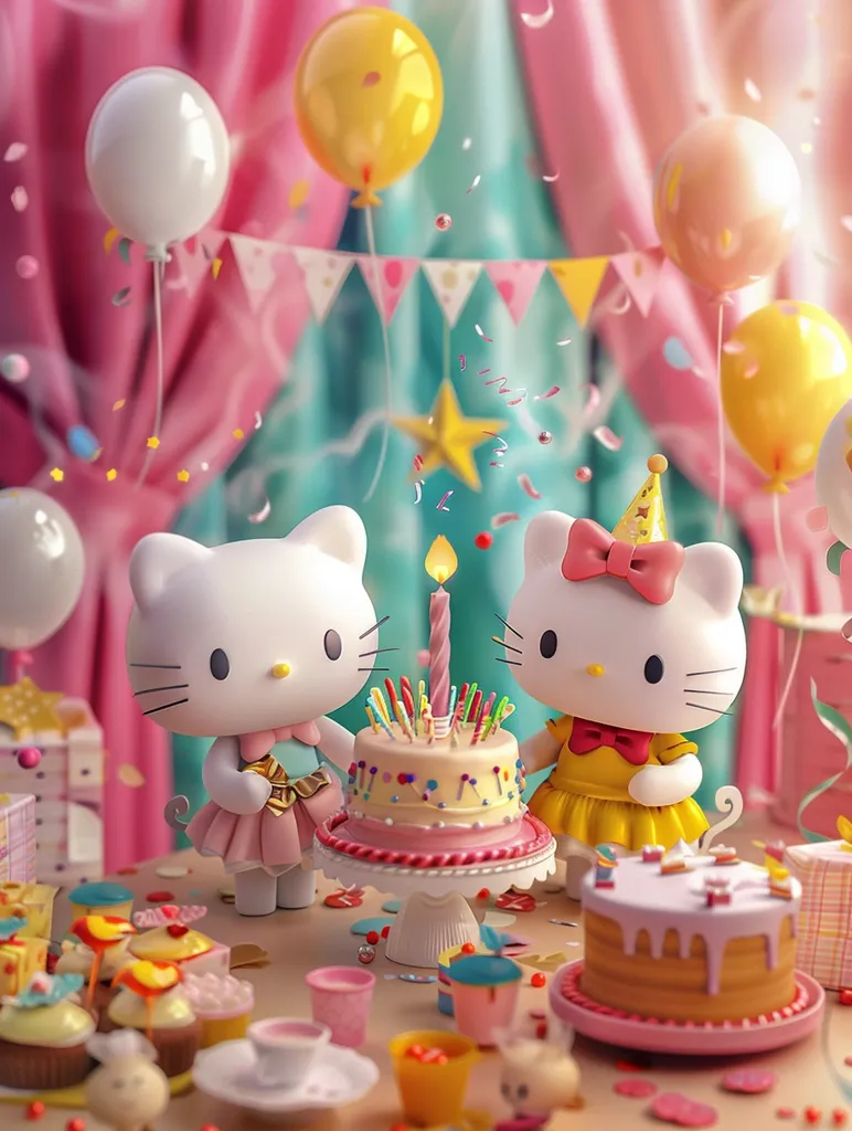 Two Hello Kitty characters stand in front of a birthday cake with colorful sprinkles. They are surrounded by presents, balloons, and other sweets. The background features a pink and teal color scheme, adding a festive touch to the scene. The atmosphere is joyful and celebratory.