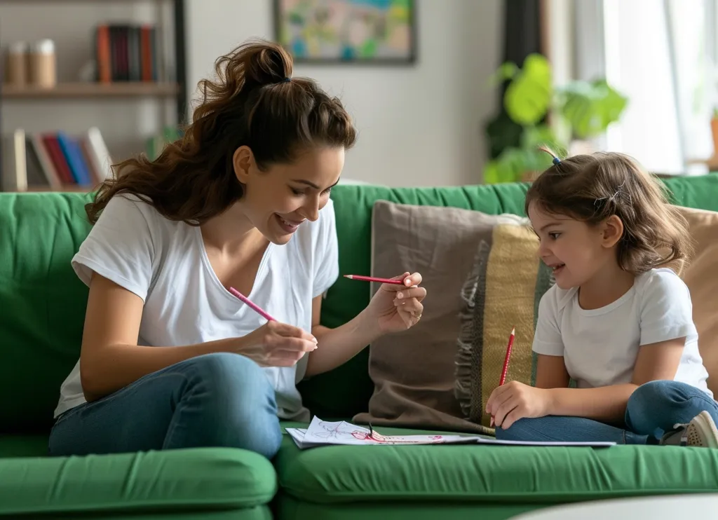 A young girl and a woman are sitting on a green couch, coloring in a book together. The woman is smiling and looking at the girl, who is focused on her coloring.  The woman has long brown hair and is wearing a white t-shirt and blue jeans. The girl has brown hair and is wearing a white t-shirt and blue jeans.  They are both holding red pencils.  The room is bright and airy.