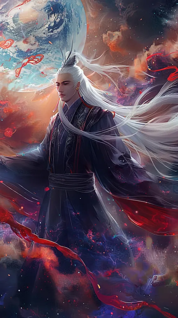 The image depicts a man with long white hair, wearing a black and red robe with intricate designs. He stands amidst a swirling, vibrant cosmic background, with a large, blue and white planet partially visible above him. His expression is serious and focused, his gaze directed towards the viewer. Red and blue streaks of energy dance around him, adding to the sense of movement and power. The overall impression is one of grandeur and mystery.