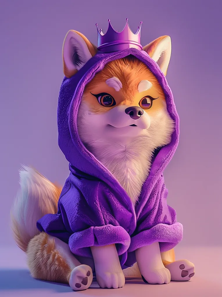 A cartoon dog with large, expressive eyes is dressed in a fluffy purple robe and a crown. The dog is sitting with its legs crossed and its tail curled behind it. The background is a soft purple hue, giving the image a whimsical and cute feel. The dog’s bright eyes and happy expression suggest it is feeling playful and content.