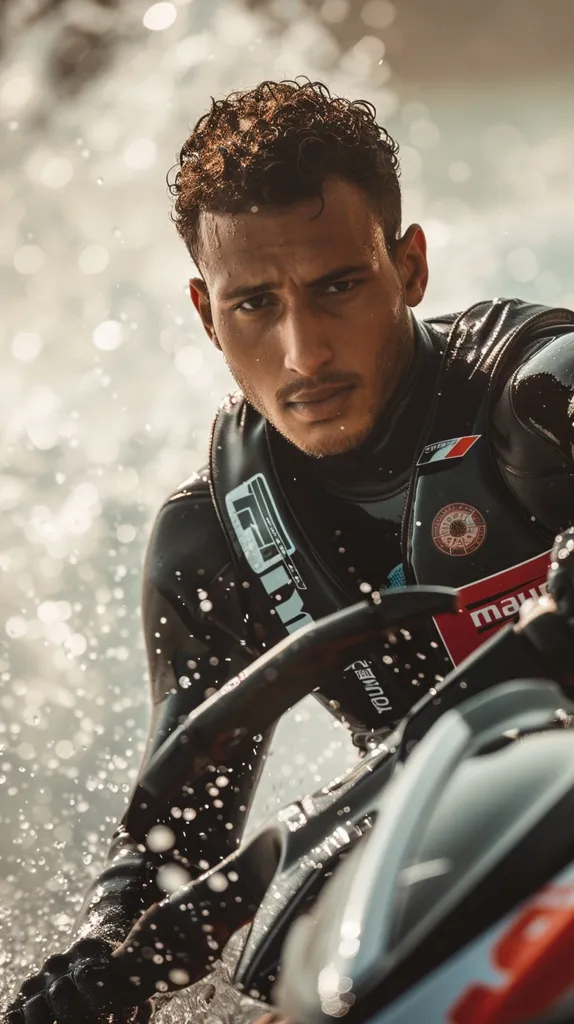 A young man with curly hair is wearing a black wetsuit and life vest while riding a jet ski.  The man's face is serious and focused as he grips the handlebars.  The background is blurred, with splashes of water evident.  The jet ski is partially visible, with a black and silver design and red accents.  The overall image conveys a sense of speed and excitement.