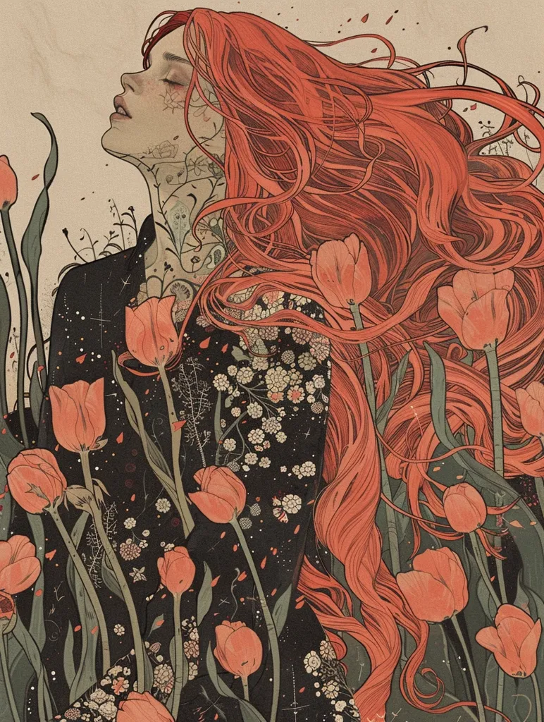 A woman with long, flowing red hair is surrounded by a field of orange tulips. She is wearing a black dress with a floral pattern and has a delicate, intricate design tattooed on her neck. The background is a soft beige color. The image is drawn in a delicate and detailed style, with a whimsical and romantic feel.  The overall composition is graceful and elegant.