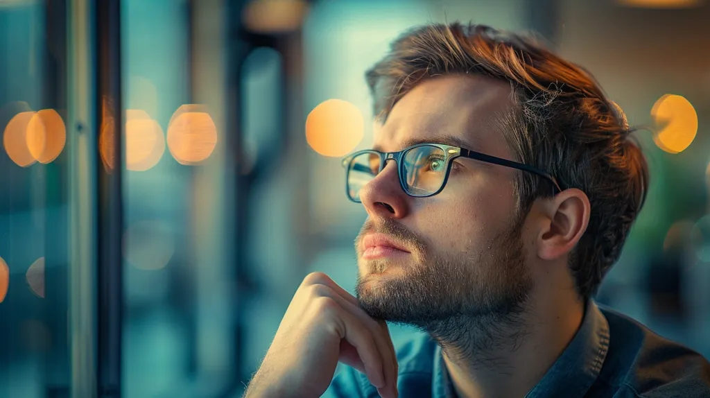 A young man with brown hair and a beard, wearing glasses, looks out a window with a thoughtful expression. He is sitting in a brightly lit cafe, with out-of-focus lights reflecting in the background.  He is lost in thought, contemplating something.