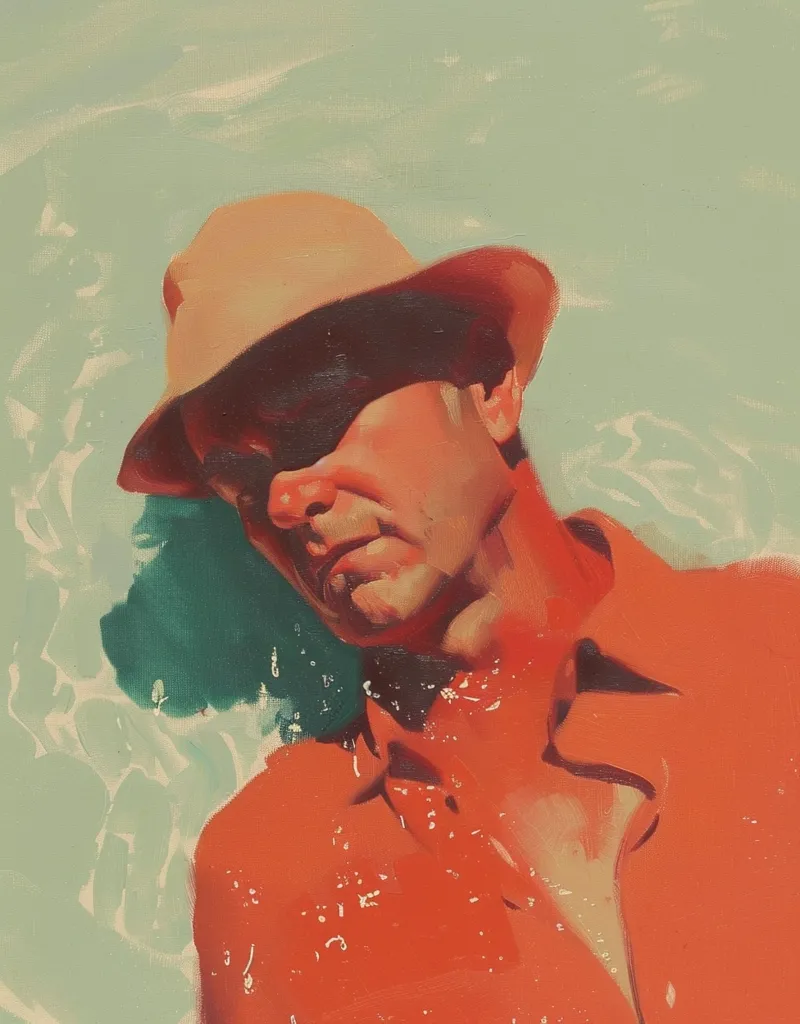 A close-up portrait of a man in a red shirt and a brown hat. He is looking down with his eyes closed. His face is partially obscured by the hat, but his features are still visible. The background is a soft, green-blue color. The painting has a stylized and painterly look. The brushstrokes are visible, giving the image a textured appearance. The overall tone of the image is calm and contemplative.