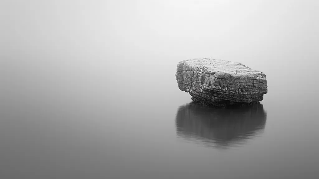 A single, large, gray rock sits in the middle of a still body of water. The rock is smooth and textured, with layers of stone visible. The water reflects the rock, creating a mirror image. The background is a light gray, suggesting fog or mist. The image is calm and serene, emphasizing the simplicity of the scene.