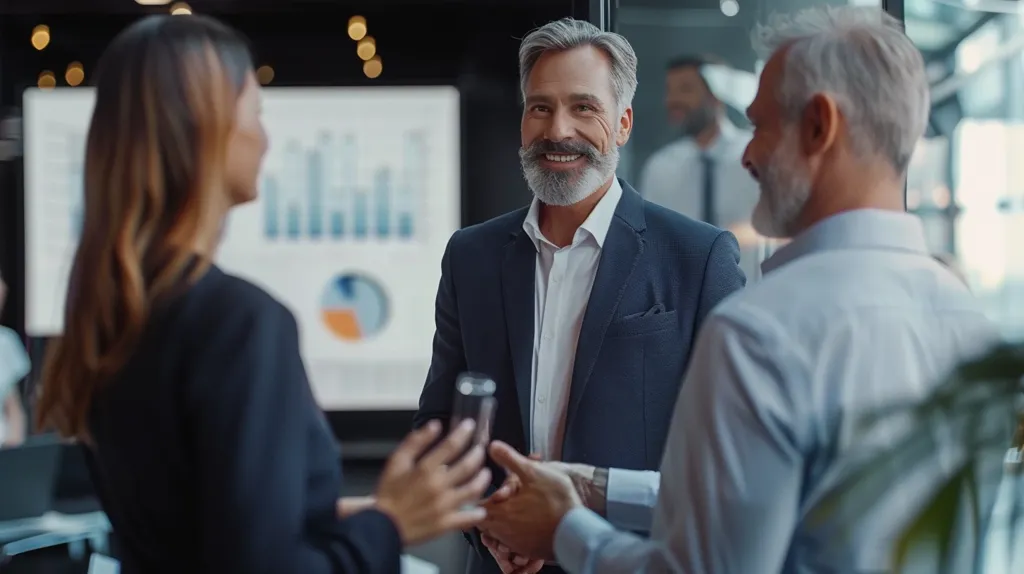 Three business professionals are in a meeting, with a whiteboard displaying a chart behind them.  The man in the middle is smiling and holding a glass in his hand. The man on the right is listening intently while the woman on the left is partially out of focus. The image captures a moment of business discussion in a professional setting.