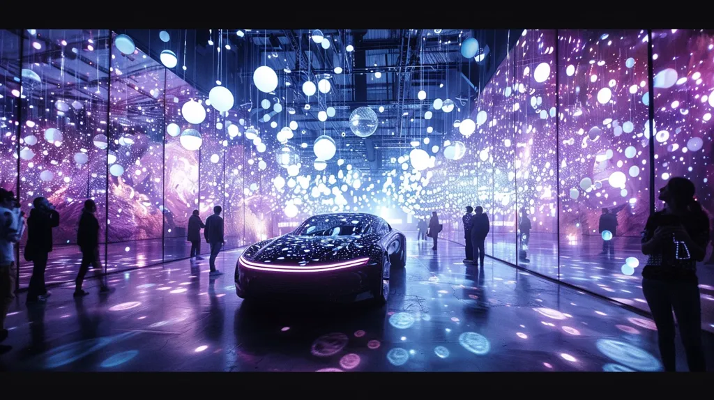 A futuristic car sits in the middle of a large, brightly lit space. The walls are lined with screens displaying a digital galaxy, while hundreds of glowing orbs hang from the ceiling. Silhouettes of people stand in the foreground and background, creating a sense of wonder and anticipation. The scene evokes a feeling of technological advancement and dreams of a more connected future.