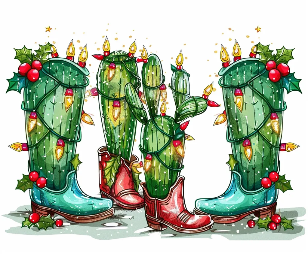 Three cactus plants are dressed up as cowboy boots for Christmas.  Each cactus is adorned with a string of lights and a sprig of holly. The boots are brightly colored with one pair being blue and the other pair being red.  The image has a whimsical and festive feel.