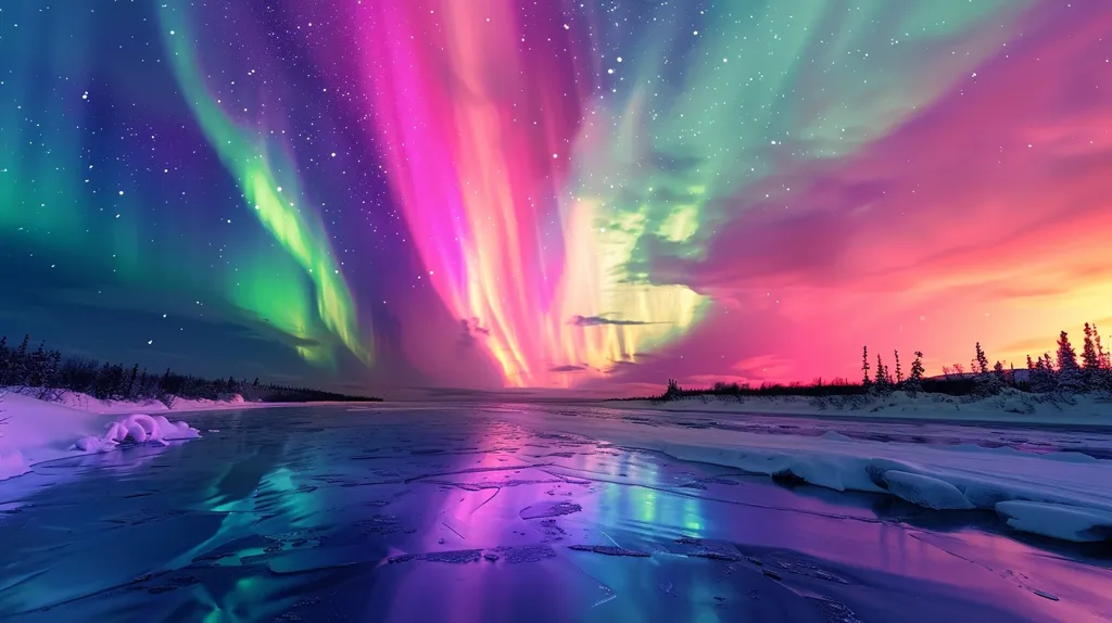A breathtaking display of the Aurora Borealis, or Northern Lights, illuminates a frozen river.  Vibrant pink, green, and blue hues dance across the sky, mirroring in the ice-covered water.  Silhouetted trees stand along the shore, adding a sense of scale to the otherworldly spectacle.  Countless stars twinkle above, completing the celestial tapestry.