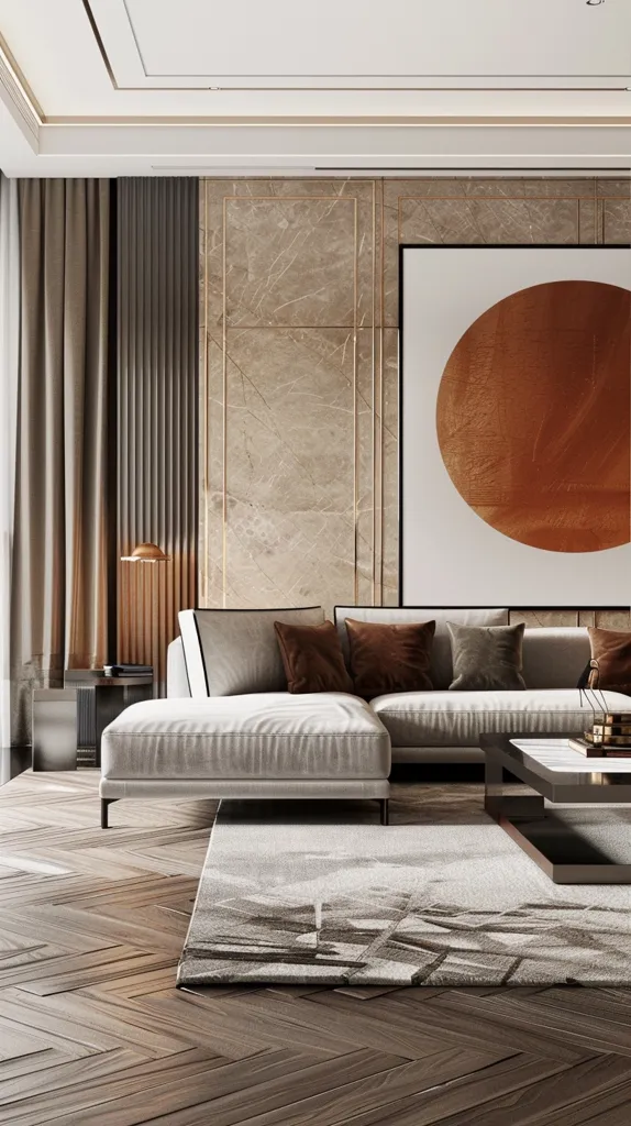 The image shows a modern living room with a white sectional sofa, a large abstract painting with a brown circle, and a coffee table. The room has a light and airy feel, with wood flooring and a neutral color palette. The sofa is placed in front of the painting and the coffee table is centered in front of the sofa. The rug is patterned and adds a touch of interest to the space.