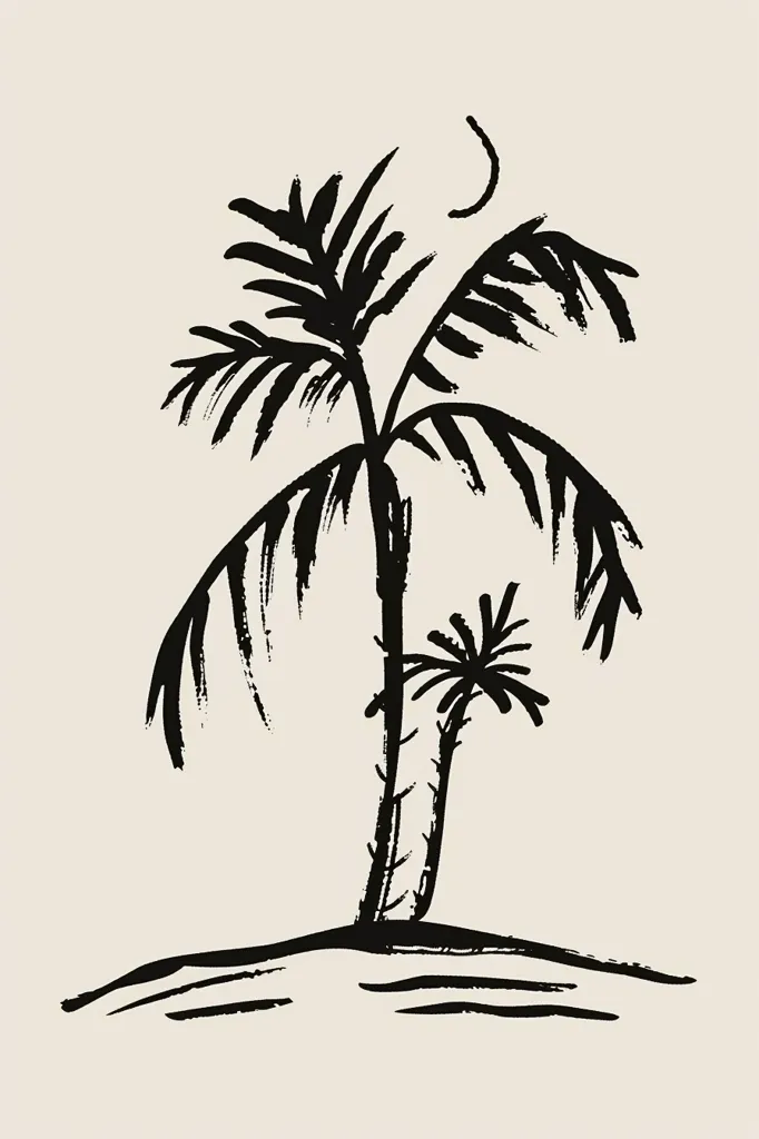 The image depicts two palm trees drawn in a simple black and white style against a light background.  The trees are drawn with thick, brushstrokes, giving them a slightly abstract look. The taller tree stands to the left, with its fronds spread out to the sides. A smaller palm tree is located in front of the taller tree, leaning to the right. A crescent moon is drawn above the tallest palm tree.  A few wavy lines below the trees suggest sand, making it clear that the scene takes place on a beach.