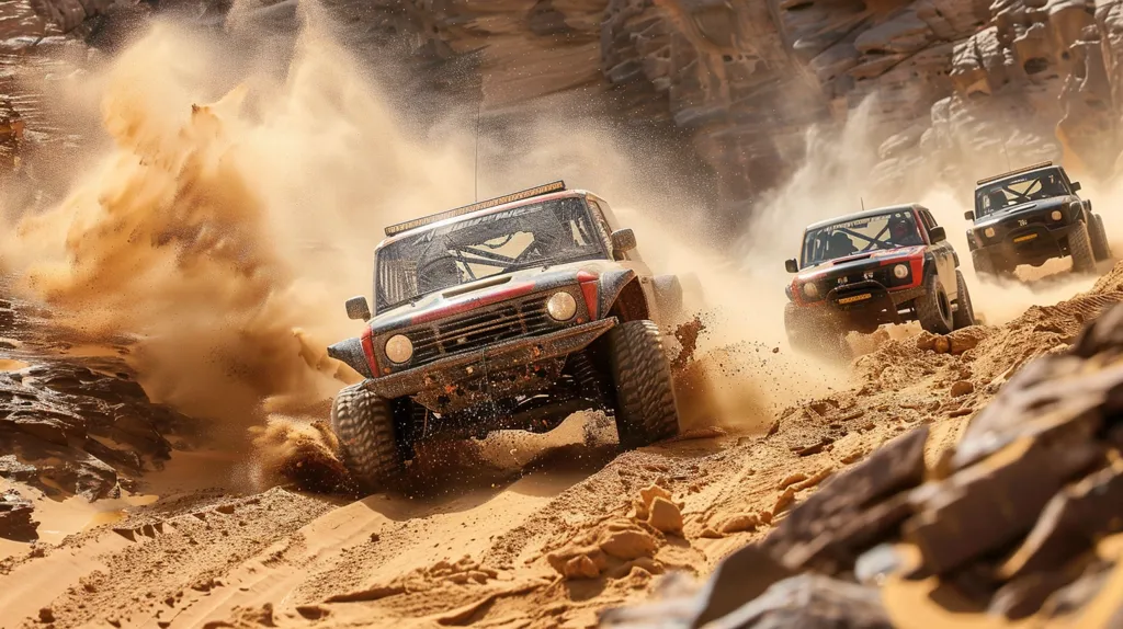 A black and red off-road vehicle races through a desert landscape. The vehicle kicks up a large cloud of dust as it navigates the sandy terrain. Two other vehicles are in the distance, also kicking up dust.  The sun is shining brightly, and the sky is clear. The scene is one of excitement and adventure.
