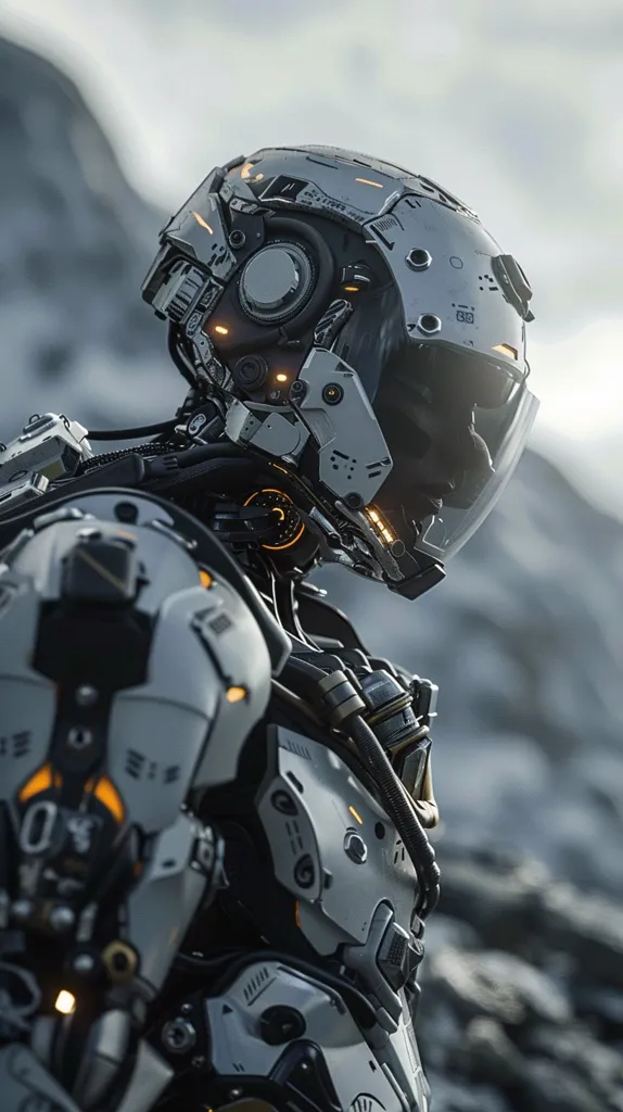 The image shows a futuristic robot wearing a white and black helmet with glowing orange details. The robot is standing in front of a rocky, gray background. The image has a cyberpunk aesthetic and suggests a sense of technology and danger. The robot's features are detailed and intricate, emphasizing its advanced design.  The image evokes feelings of wonder and anticipation.