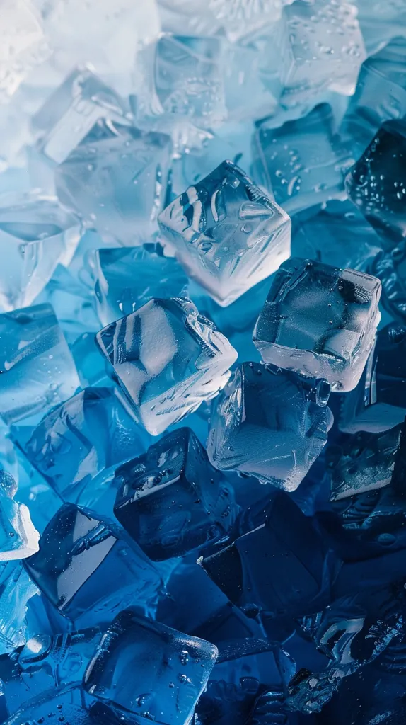 The image shows a close-up of a pile of blue gelatin cubes. The cubes are translucent, and the light shines through them, creating a shimmering effect. Some of the cubes are slightly melted, creating a watery and organic texture. The image evokes a sense of coolness and refreshment.
