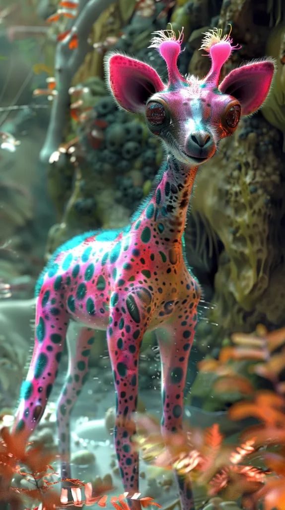 A vibrantly colored, fantastical giraffe with pink ears and a spotted coat stands in a lush jungle. The giraffe's eyes are large and dark, while its fur is a mesmerizing blend of pink, teal, and orange. The background is a blur of greenery and plant life, adding to the surreal and magical atmosphere of the scene.