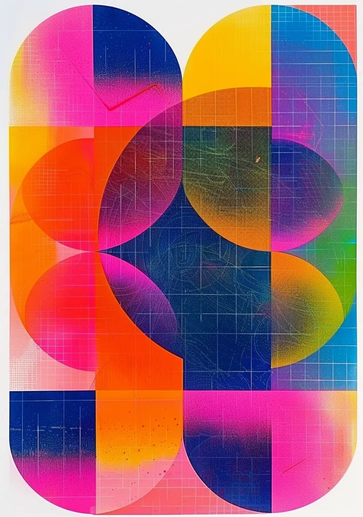 The image is a colorful abstract design composed of overlapping geometric shapes. The dominant colors are bright pink, orange, yellow, blue, and green. The shapes are arranged in a grid pattern, with a fine, white grid overlayed on the design. The overall effect is vibrant and dynamic.