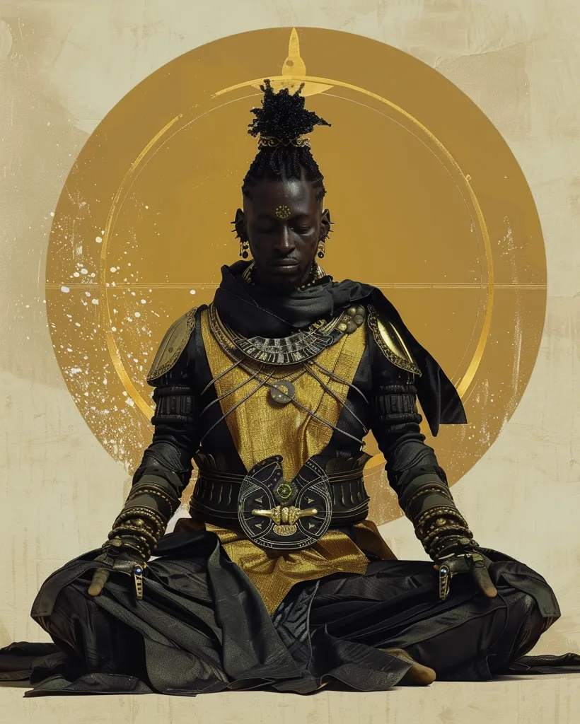 A Black man with a high braided bun sits in a meditative pose, dressed in an elaborate costume of gold and black. He wears a circular golden ornament on his forehead and numerous pieces of jewelry, including bracelets and earrings. He is surrounded by a golden circle with a subtle pattern.  The image evokes a sense of spirituality and power.