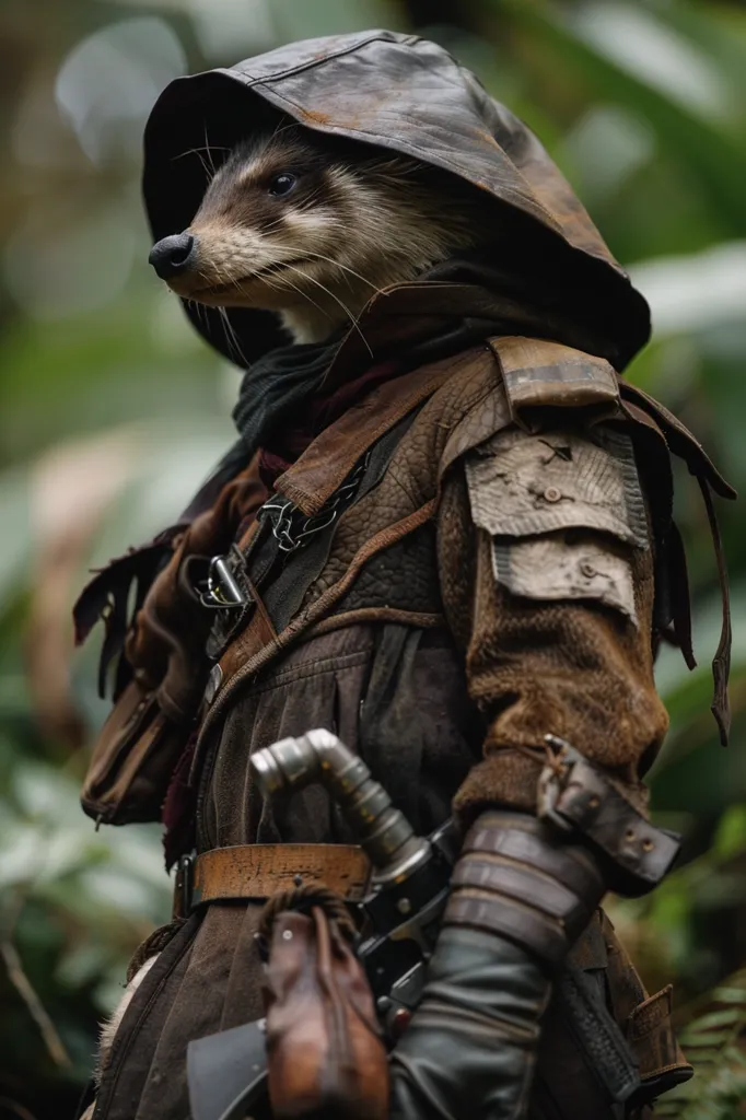 A raccoon wearing a hooded, brown leather jacket with various pockets and straps is standing in a lush green forest. The raccoon's face is partially obscured by the hood, but its dark eyes and sharp snout are visible. The jacket is adorned with buckles and patches, giving it a rugged and utilitarian look. The raccoon appears to be a seasoned traveler or adventurer, with a confident posture and a determined expression. The green foliage of the forest provides a natural backdrop for the raccoon's adventurous spirit.  The image has a fantastical feel, as if the raccoon is a character from a fantasy novel.