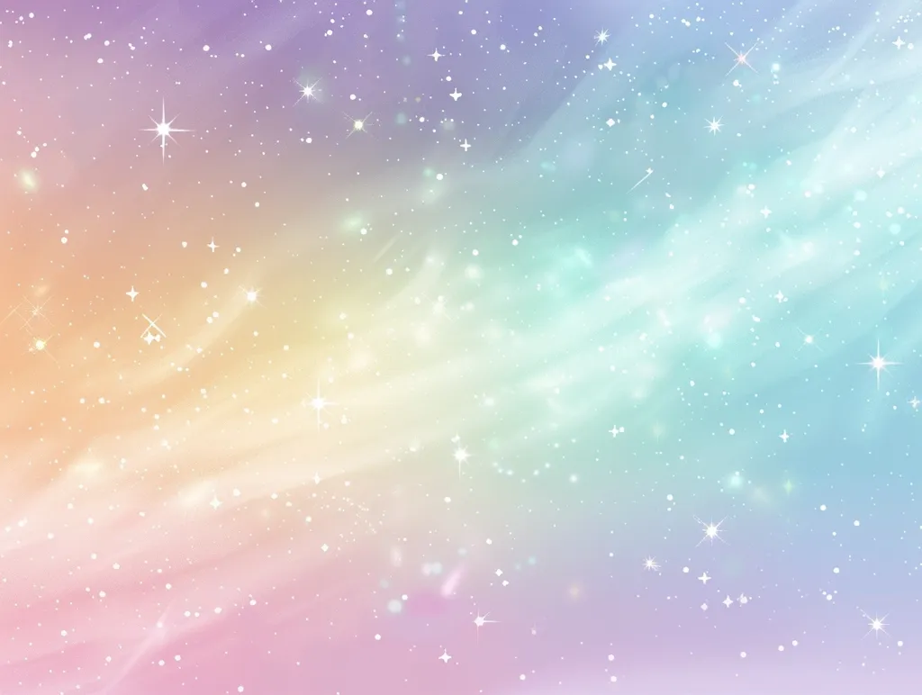 The image depicts a soft, dreamy sky with a gradient of pastel colors, transitioning from purple to pink to yellow and ending with a light blue hue. The sky is adorned with twinkling white stars scattered across its surface, creating a magical and ethereal atmosphere.  The subtle swirls and clouds add depth and dimension to the celestial scene.