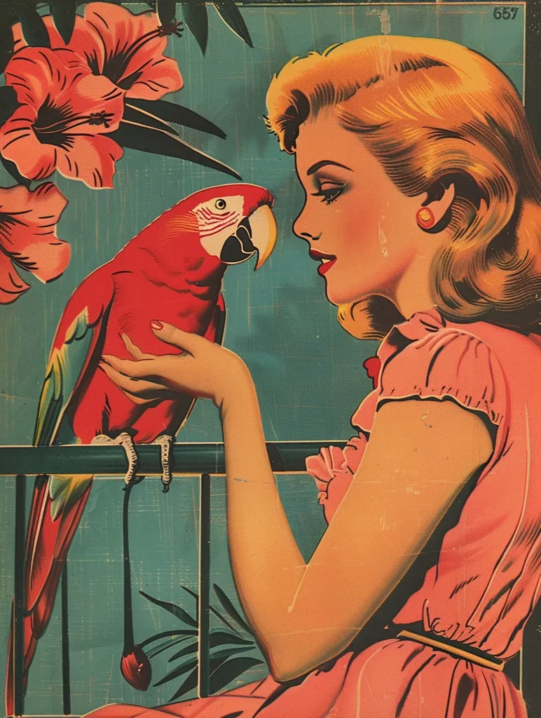 The image depicts a woman in a pink dress, with a red and green parrot perched on a railing beside her.  She is holding the bird's leg with her hand, and her other hand is resting on the railing.  The background is a teal color with tropical foliage and pink flowers, reminiscent of a vintage advertisement or postcard.