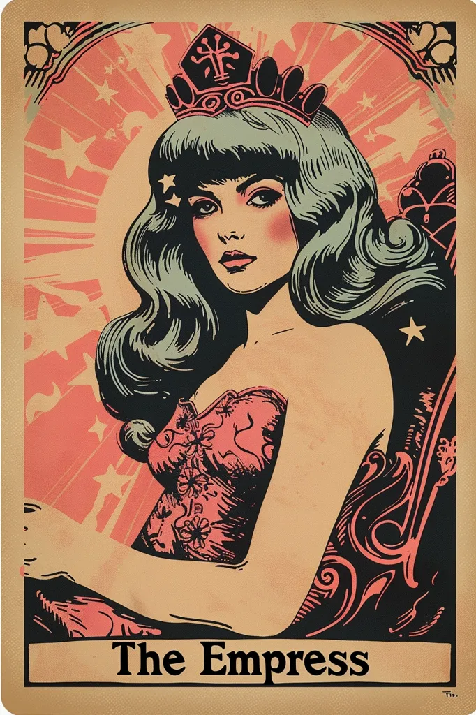 The image is a tarot card depicting The Empress. A woman with long, dark hair and a crown sits in a chair. She wears a pink floral dress. A large, ornate swirl is behind her.  The background has a red-orange hue with white stars and radiating lines. The card's title is at the bottom, "The Empress."  The card is in a vintage, hand-drawn style.  The woman’s expression is calm and serene.