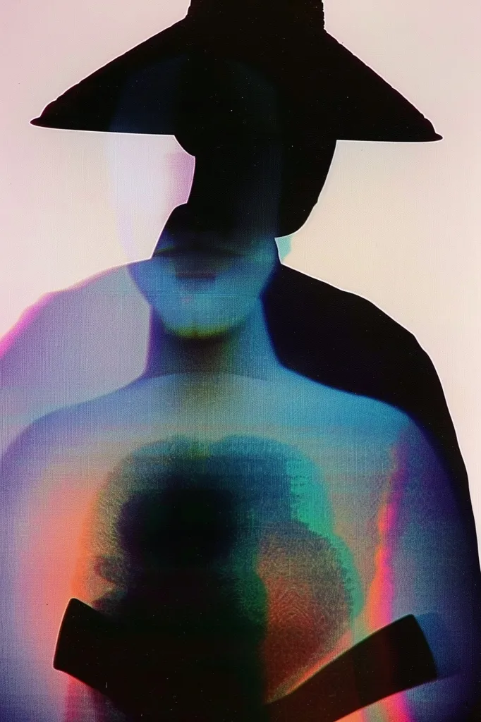 The image is of a person in a wide-brimmed hat. The person's face is obscured by the shadow of the hat and the image has been filtered to create a blurry, almost ethereal effect. The image has an abstract feel, as the person's form is obscured by a rainbow of colors. It evokes a sense of mystery and intrigue, leaving the viewer to interpret the image.