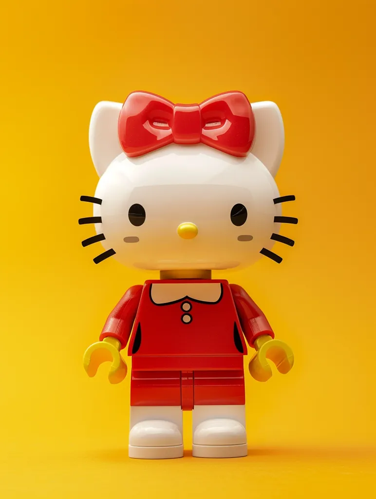 A Hello Kitty Lego figurine stands against a bright yellow background. The figurine has a red bow, a red dress, and white shoes, giving it a charming and playful appearance.  It's a cute and whimsical depiction of the beloved character.