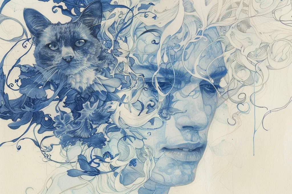 The image is a detailed blue and white pen and ink drawing. It depicts a person's face surrounded by intricate floral patterns and a cat's head. The person has long hair that flows into the floral designs. The image is rendered in a delicate and ethereal style. The use of blue and white tones creates a serene and dreamlike atmosphere.  The intricate details of the drawing capture the imagination and draw the viewer into the artwork.