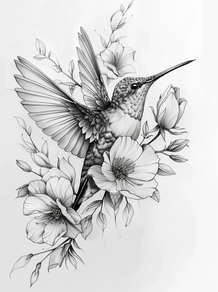 The image is a black and white drawing of a hummingbird perched on a branch with delicate flowers. The hummingbird is depicted with outstretched wings, its beak pointed forward, and its body facing the right. The flowers are drawn with intricate detail, showcasing their petals and leaves. The overall composition creates a sense of delicate beauty and grace.  The image is likely a botanical illustration or a tattoo design.