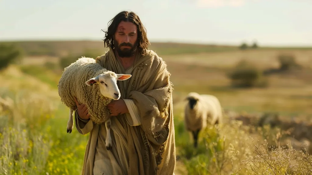 A man with long brown hair and a beard, dressed in a simple robe, walks through a field. He is carrying a white lamb in his arms, with its head resting on his shoulder. Another sheep follows behind, blurred in the distance. The scene is bathed in warm sunlight.