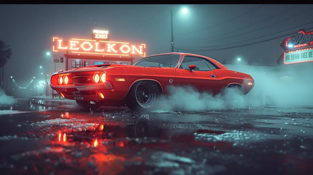 A classic red Dodge Challenger roars through the wet streets of a city. The car's headlights illuminate the fog-filled air, while the neon lights of a nearby building add a vibrant glow. The car's tires leave a trail of smoke and water as it speeds away, creating a sense of motion and excitement.  The scene is full of energy and mystery, as if a thrilling story is unfolding right before our eyes.